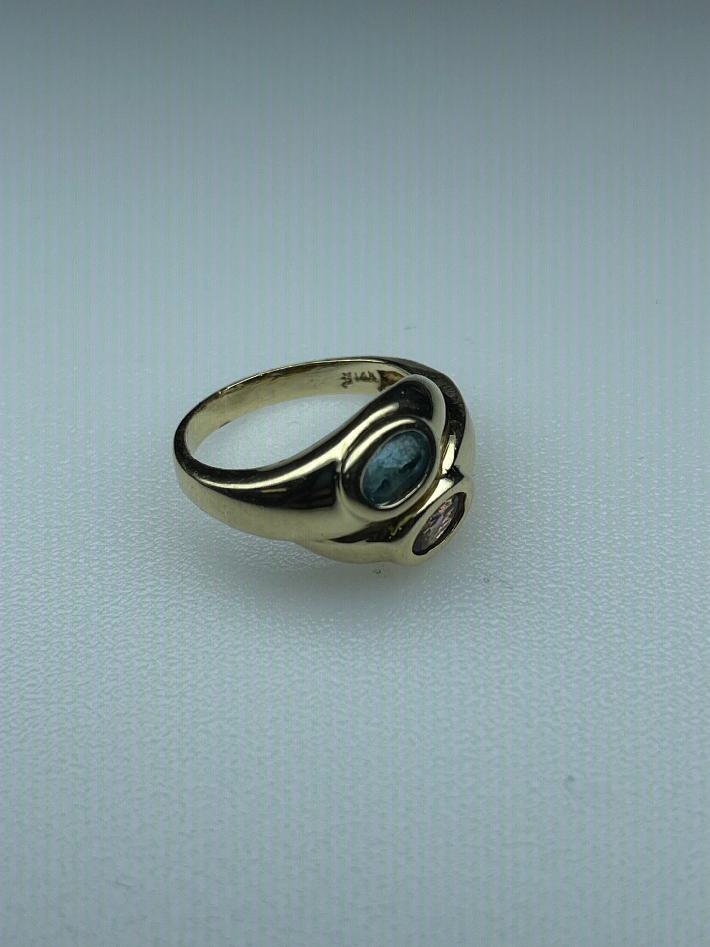 Vintage 14K Gold Bypass Ring with Blue Topaz and Amethyst